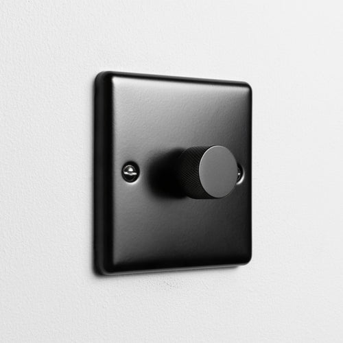 Matt Black 1 Gang 2 Way LED Dimmer Switch On A Light Grey Background
