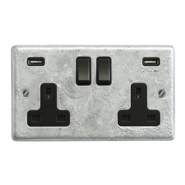 Galvanised Double Socket with USB - Black