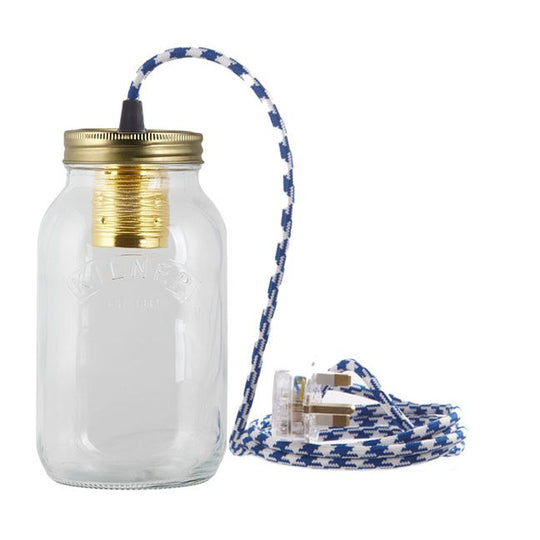 Houndstooth Blue and White Fabric Cable Jam Jar Lamp