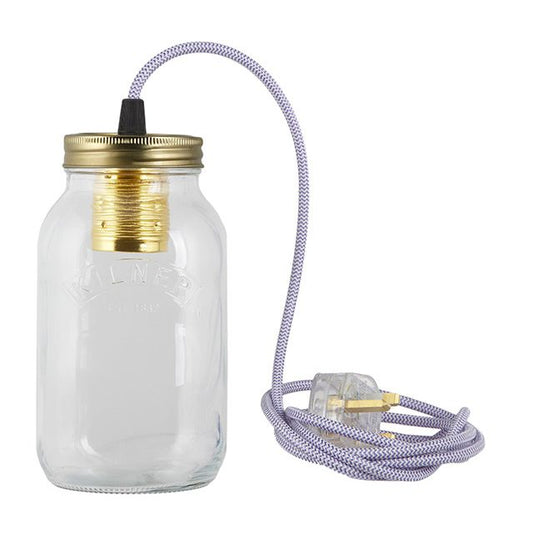 Purple and White Fabric Cable Jam Jar Lamp