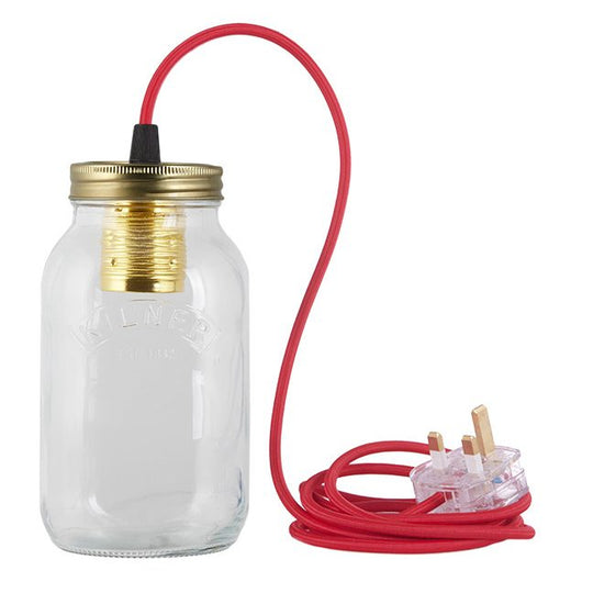 Red Fabric Cable Jam Jar Lamp
