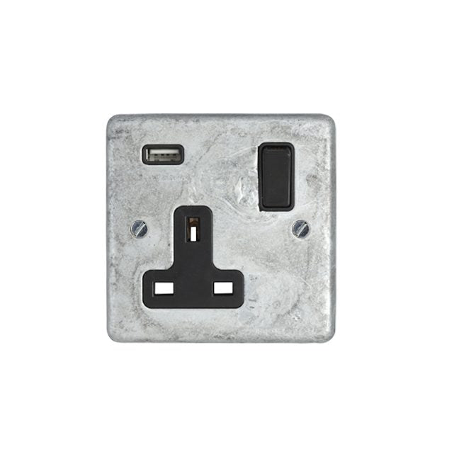 Galvanised Single Socket with USB - Black