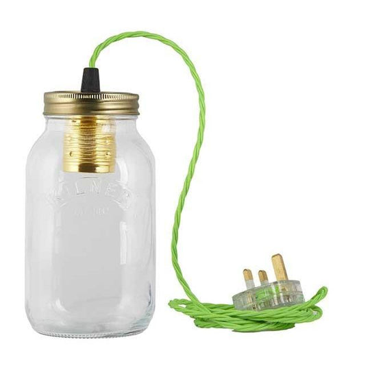 Fluorescent Green Fabric Cable Jam Jar Lamp