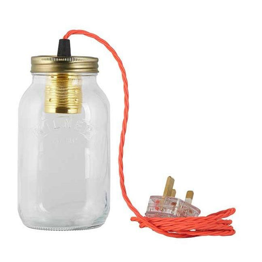 Fluorescent Pink Fabric Cable Jam Jar Lamp