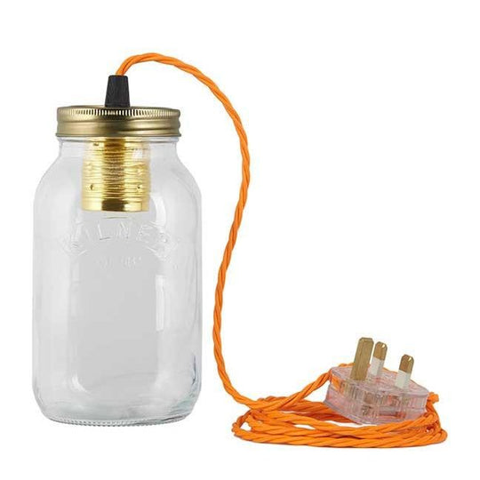 Fluorescent Orange Fabric Cable Jam Jar Lamp