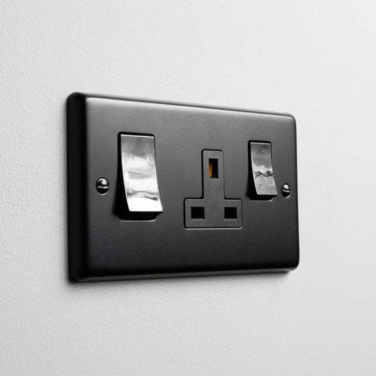 Matt Black 45A Cooker Switch with Socket On A Light Grey Background