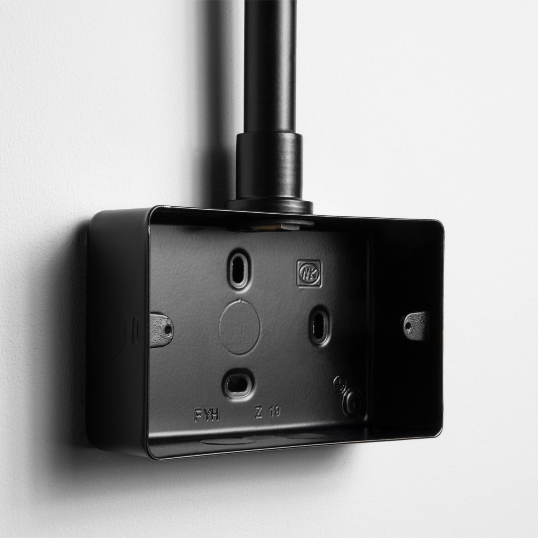 Matt Black Double Back Box With Conduit On A Light Grey Background