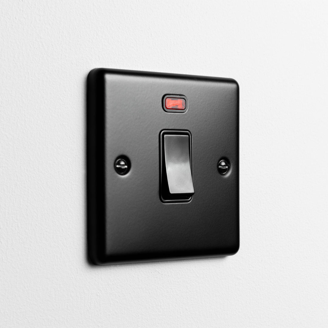 Matt Black 20A Double Pole Switch with Neon On A Light Grey Background