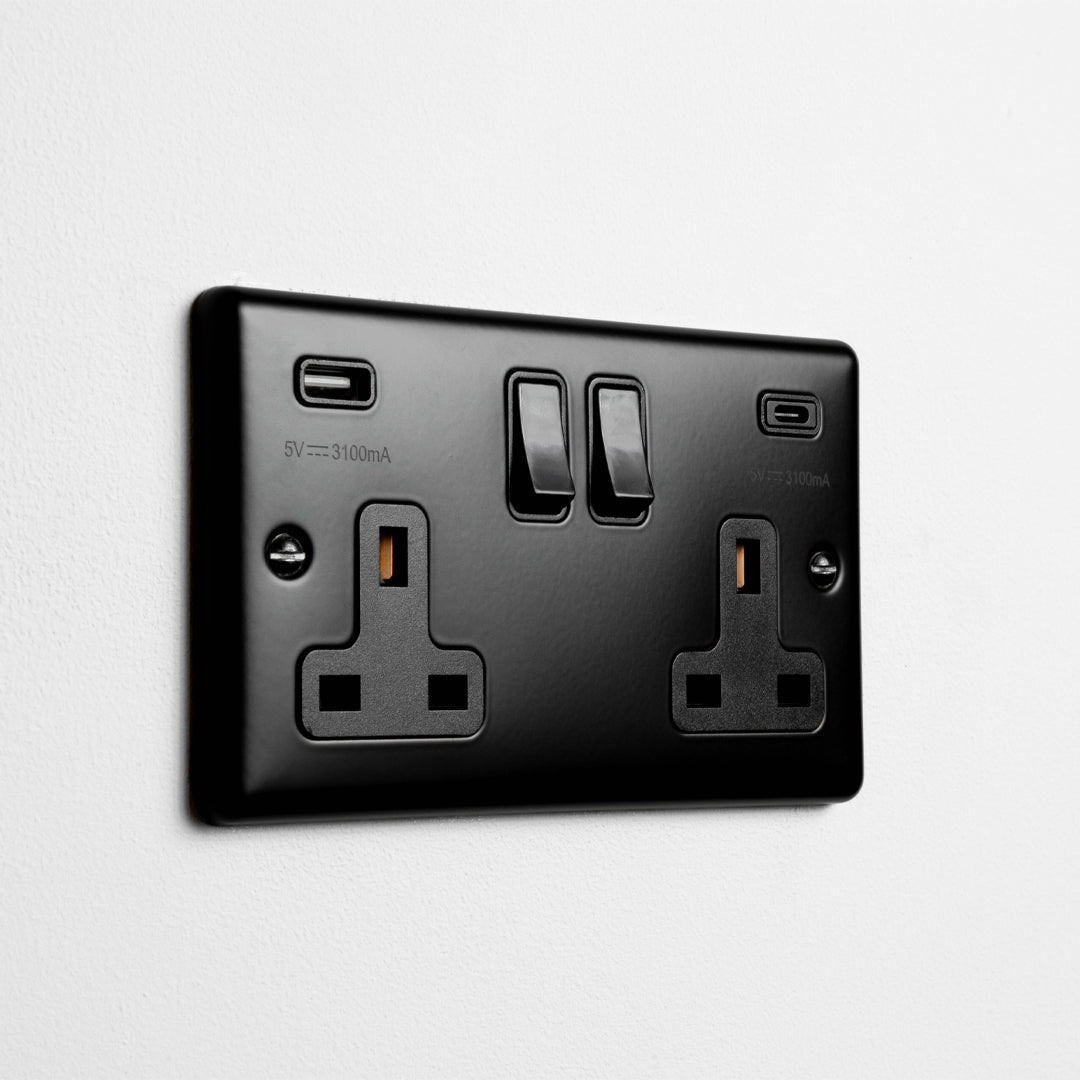 Matt Black Double Socket With USB A & C With Black Insert On Light Grey Background