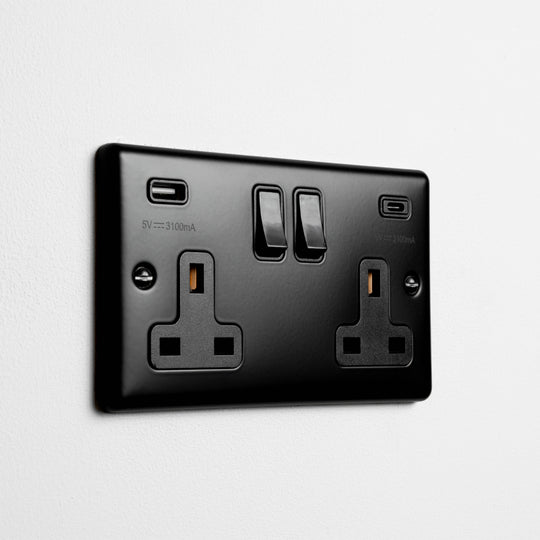 Matt Black Double Socket With USB A & C With Black Insert On Light Grey Background