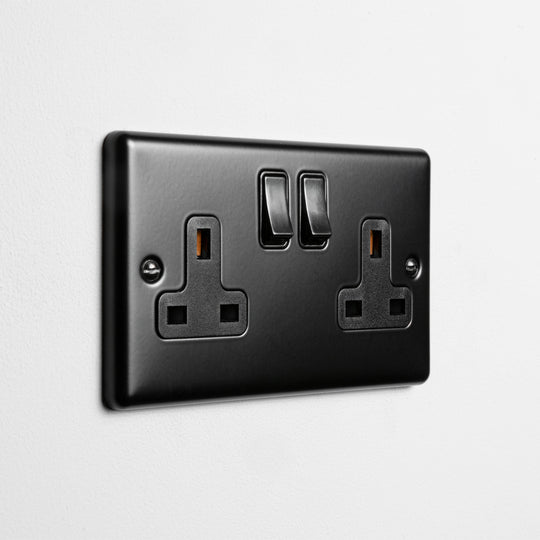 Matt Black Double Socket On A Light Grey Background
