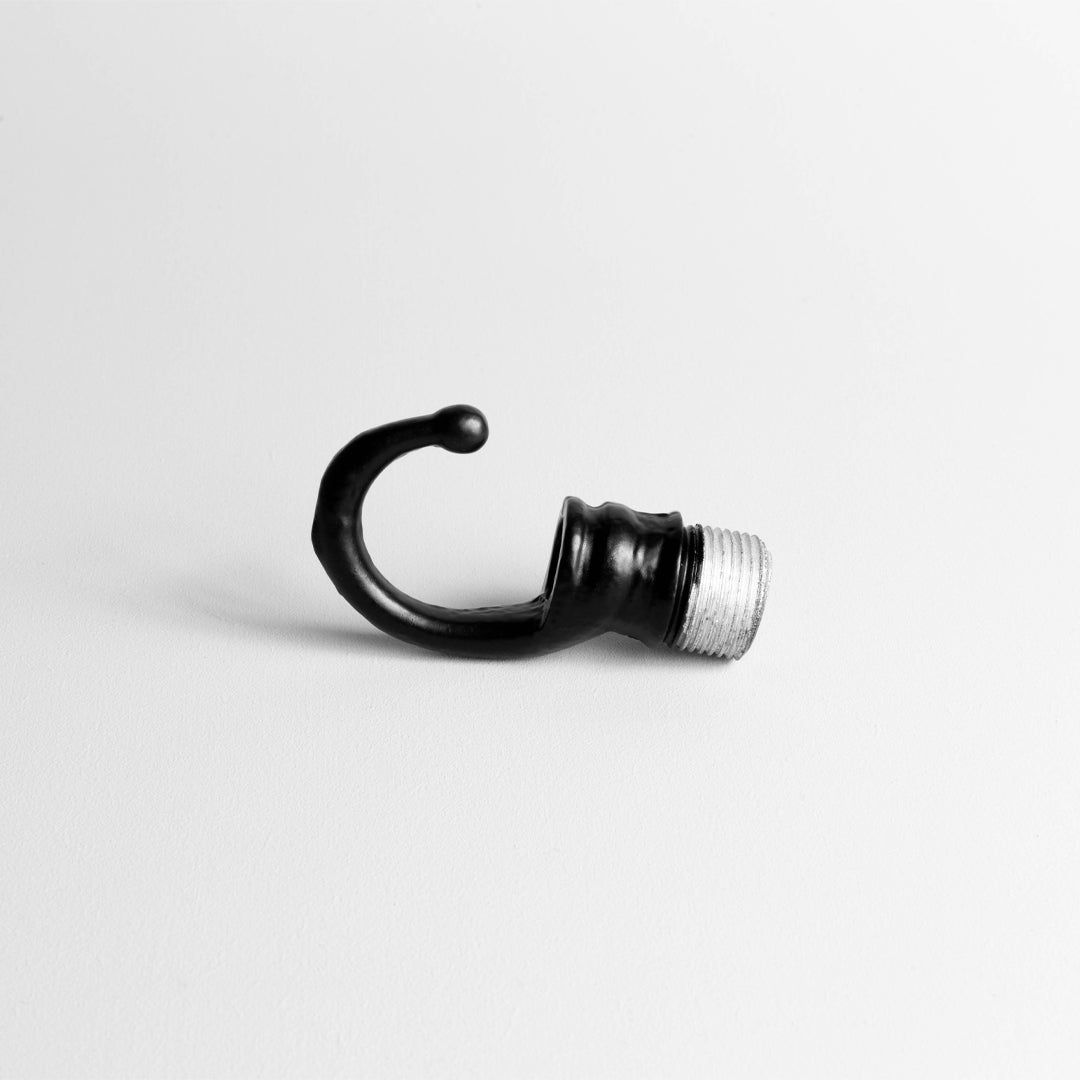 Matt Black Conduit Male Hook On A Light Grey Background