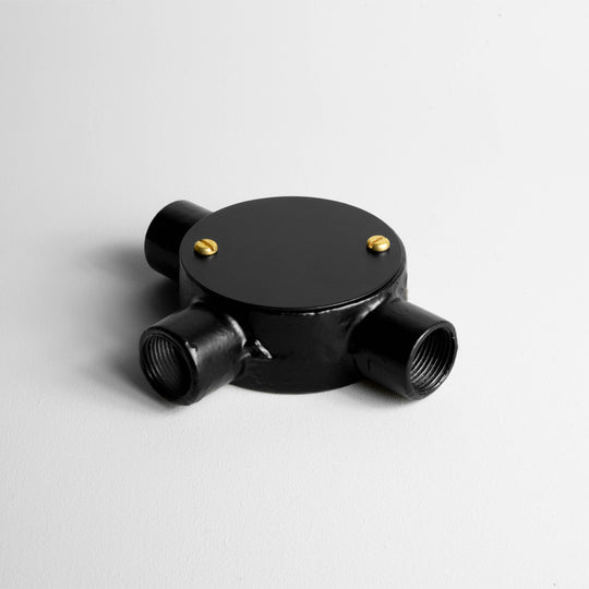Matt Black 20mm Conduit Tee Box On Light Grey Background