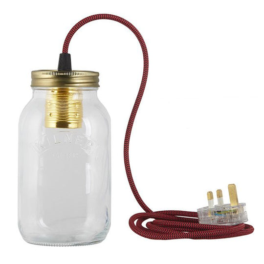 Red and Black Fabric Cable Jam Jar Lamp