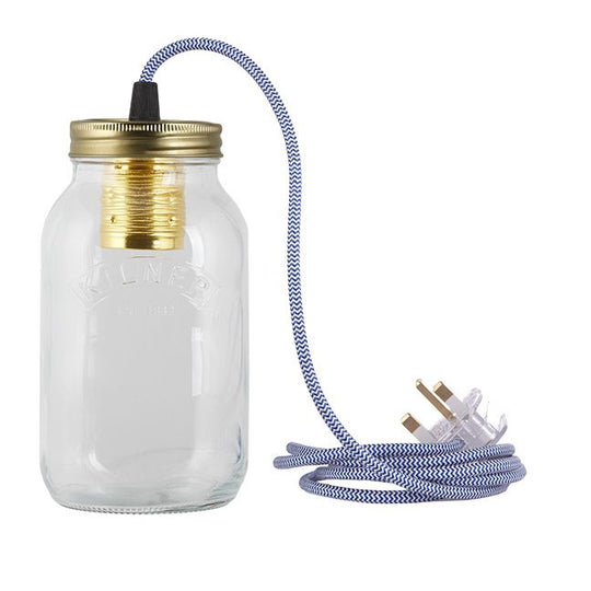 Blue and White Fabric Cable Jam Jar Lamp
