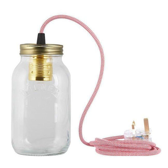 Red and White Fabric Cable Jam Jar Lamp