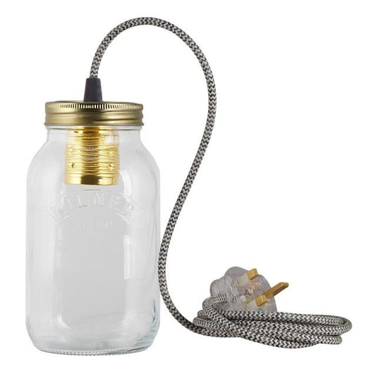 Blue and Cream Linen Fabric Cable Jam Jar Lamp
