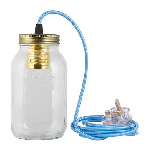 Sky Blue Fabric Cable Jam Jar Lamp