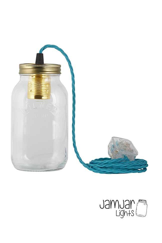 Turquoise Fabric Cable Jam Jar Lamp
