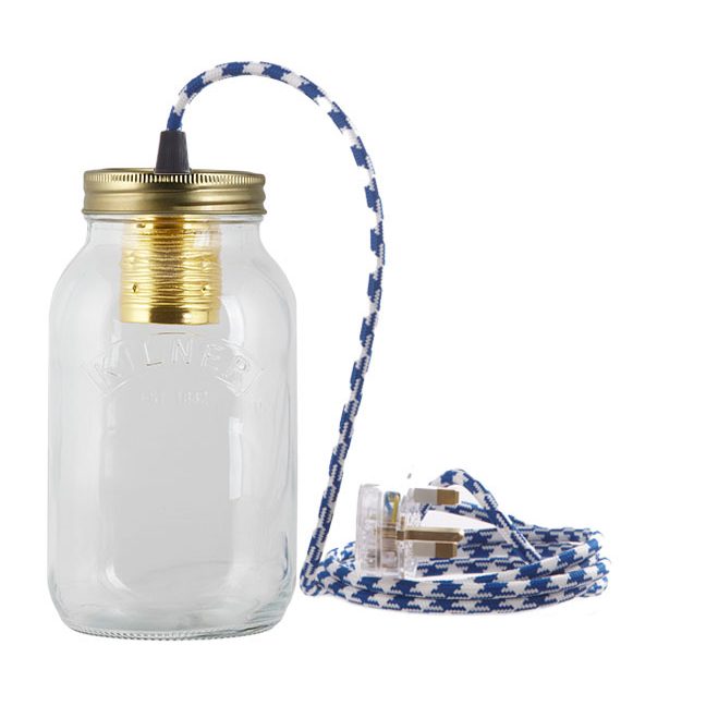 Houndstooth Blue and White Fabric Cable Jam Jar Lamp